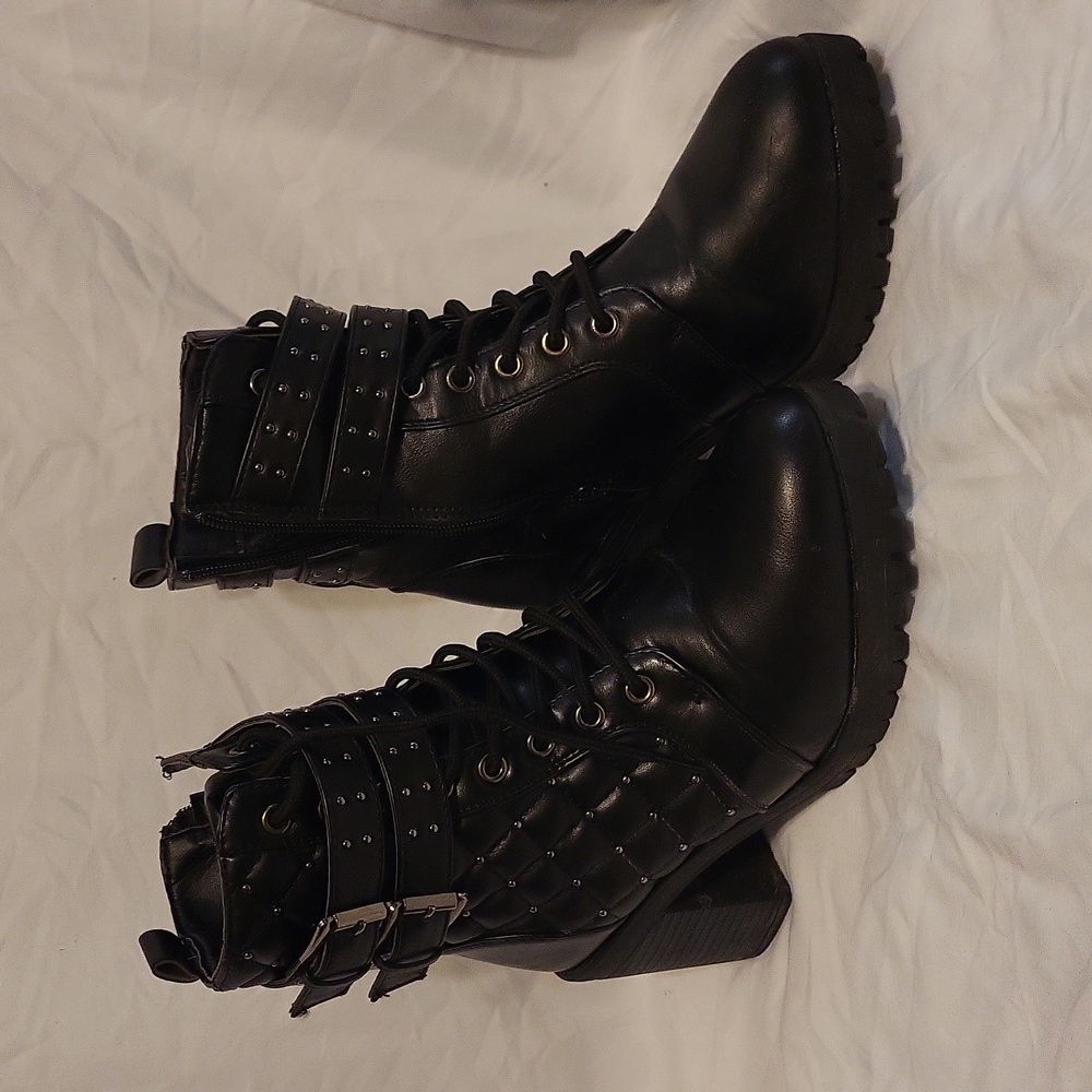 Black Strapped Biker Boot heels